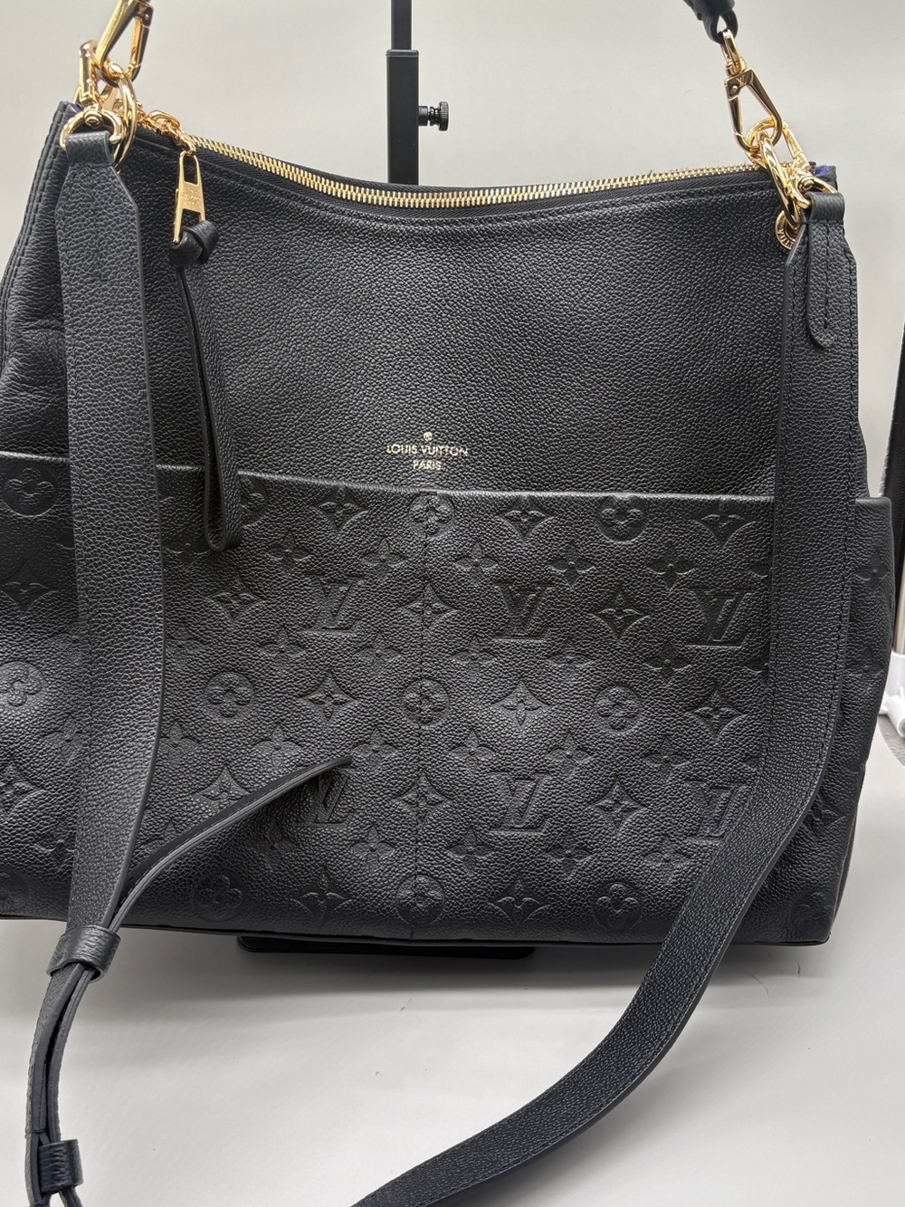 Louis Vuitton Black Embossed Monogram Shoulder Bag with Gold Hardware